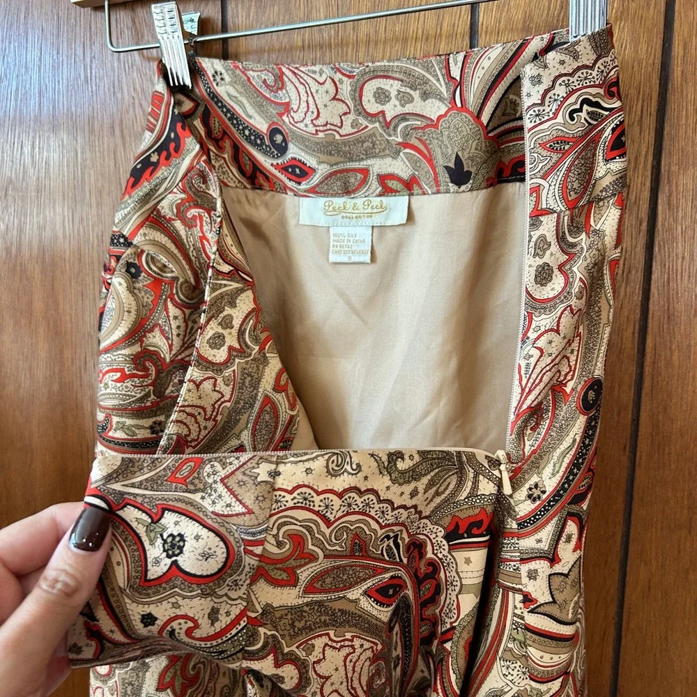 Peck & Peck Collection Silk Skirt‎ Women Size 8 Beige Brown Red Paisley Print - Picture 7 of 7